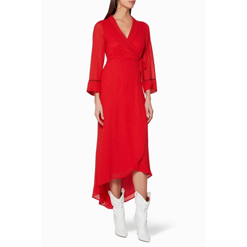 Ganni Fiery Red-Mullin Wrap Polka Dot MIDI Wrap Dress 40